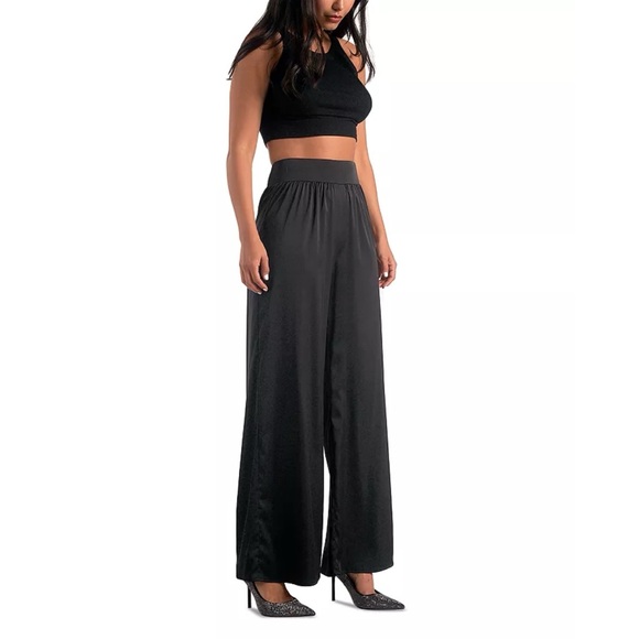 Elan Wide Leg Black Satin Pants - Picture 4 of 5